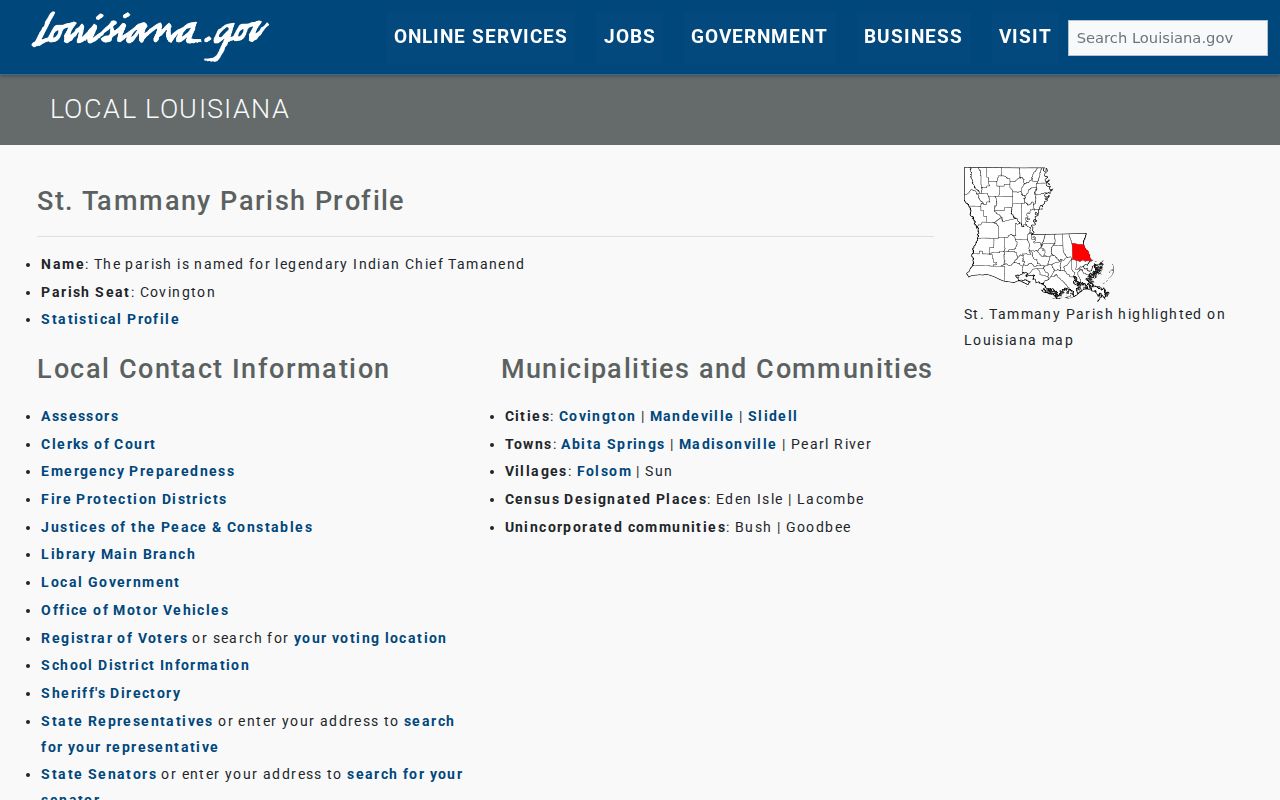 Louisiana official St. Tammany Parish profile naming Slidell as a parish city