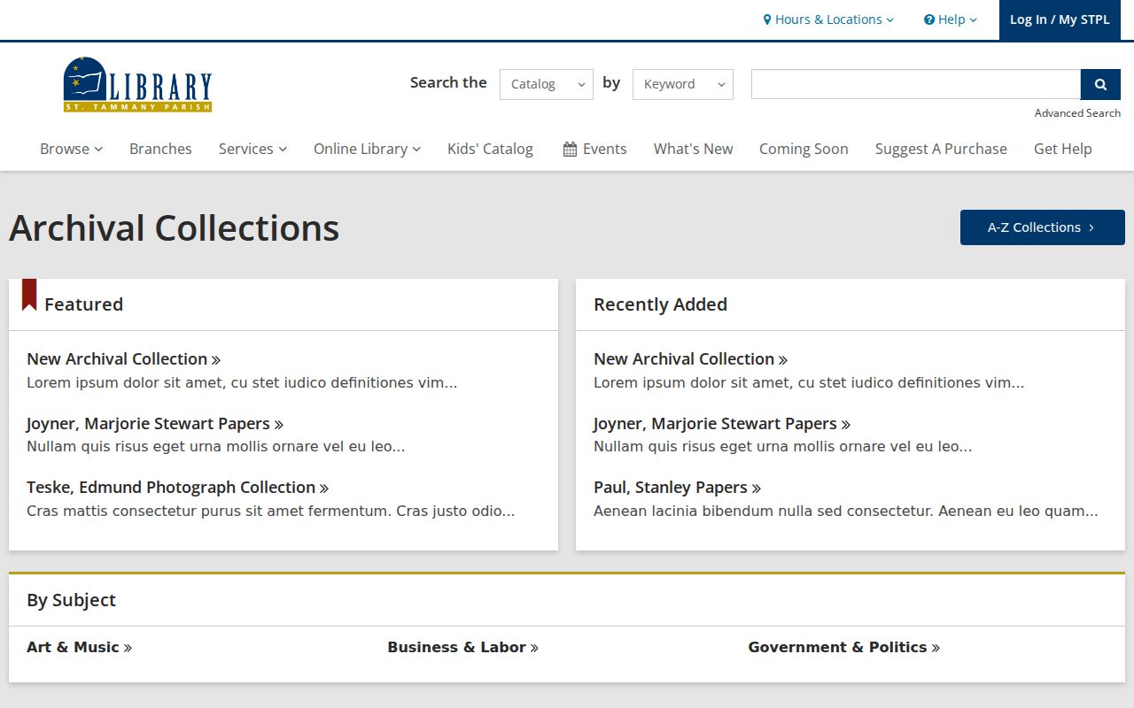 St. Tammany Parish Library archive collections page for Slidell block history research