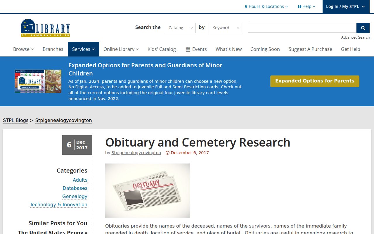St. Tammany Parish Library obituary and cemetery research guidance for past Slidell households