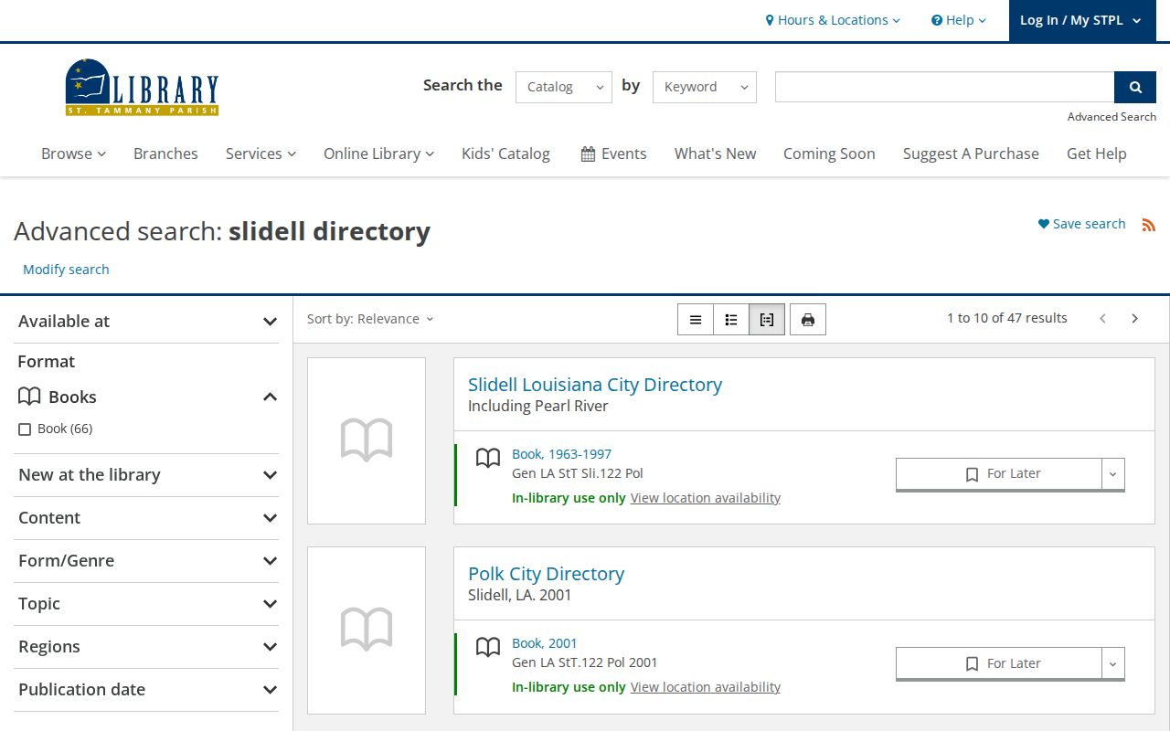 St. Tammany Parish Library catalog query for Slidell directory materials