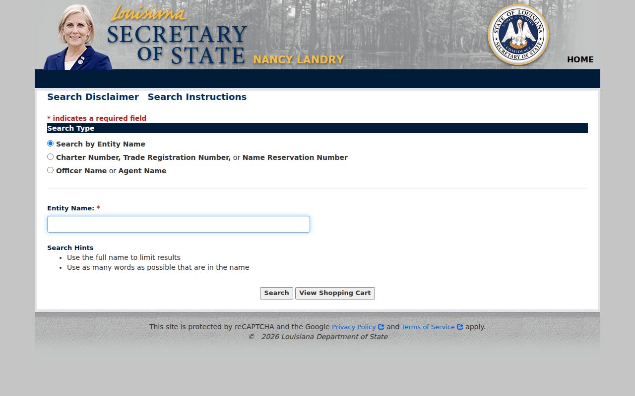 Louisiana Commercial Search officer and agent lookup fields