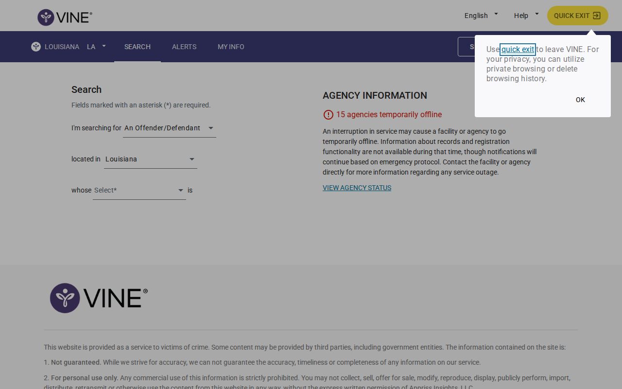 Louisiana VINELink official person search for custody status