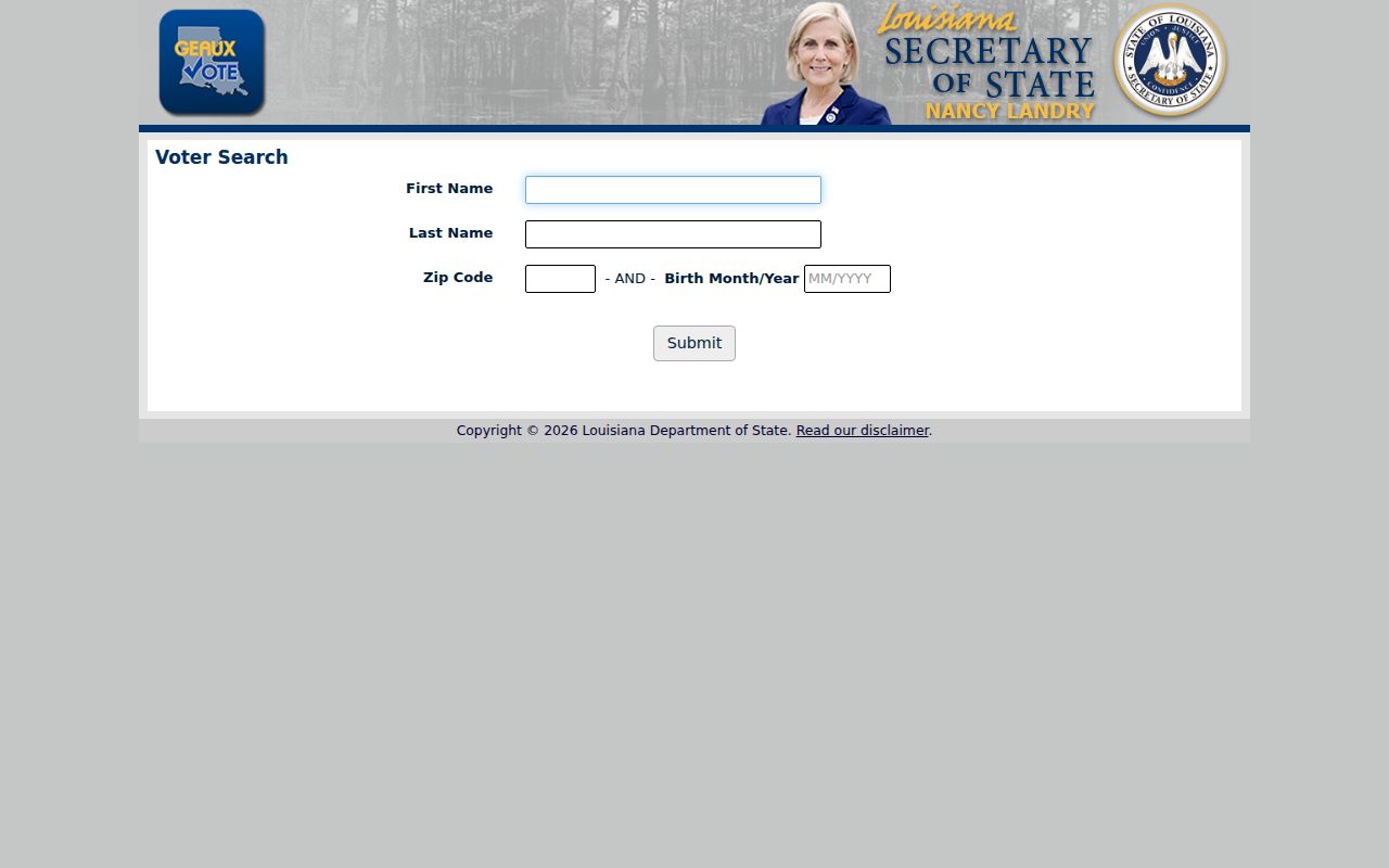 Louisiana Voter Portal name lookup fields for a Slidell resident search
