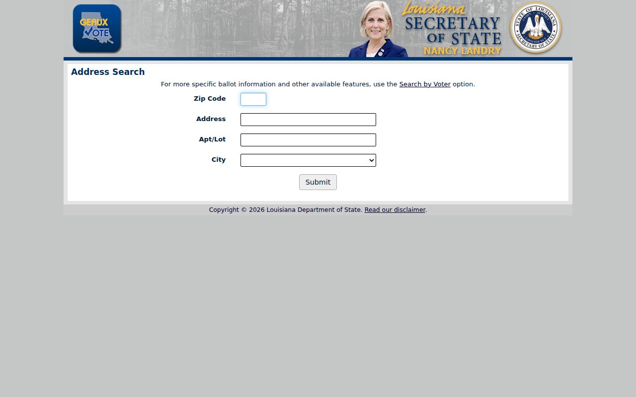 Louisiana Voter Portal address form with ZIP field for a Slidell lookup